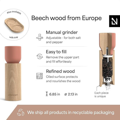 LARS NYSØM Wooden Salt and Pepper Grinder Set Manual - Salt and Pepper Mills with Adjustable Ceramic Grinder - Elegant Beechwood Pepper and Salt Mill Set for Dining Table (Brick Red)