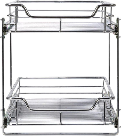 Household Essentials Glidez Multipurpose Chrome-Plated Steel Pull-Out/Slide-Out Basket Storage Organizer for Under Cabinet Use - 2-Tier Design - Fits Standard Size Cabinet or Shelf, Chrome