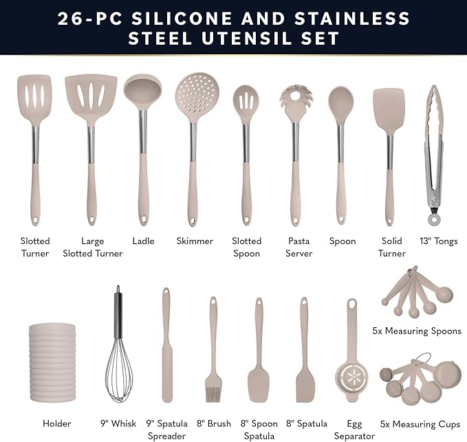 Home Hero Silicone Kitchen Utensils Set - Heat Resistant Non-Scratch Cooking Utensils - Ergonomic Silicone Spatula Set - Dishwasher Safe Kitchen Tools - 26 Piece, Stone - Image 2