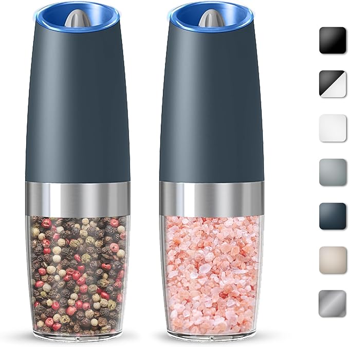 Gravity Electric Salt And Pepper Grinder Set, Automatic Salt And Pepper Grinder Set, Battery Powered (6 AAA Batteries Each), Adjustable Roughness, LED Light, 2 Pack, (Grey) by KIARYUOLL