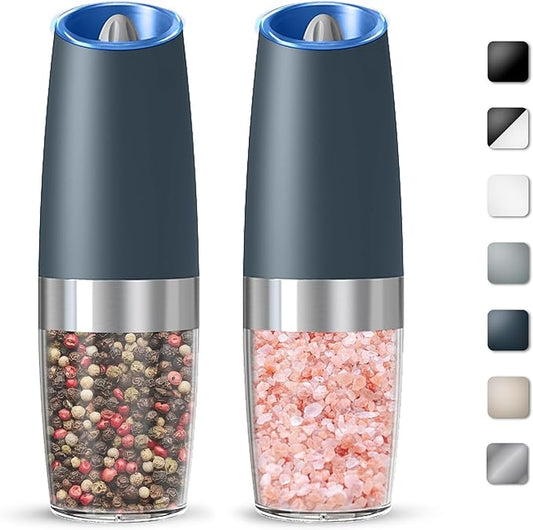 Gravity Electric Salt And Pepper Grinder Set, Automatic Salt And Pepper Grinder Set, Battery Powered (6 AAA Batteries Each), Adjustable Roughness, LED Light, 2 Pack, (Grey) by KIARYUOLL