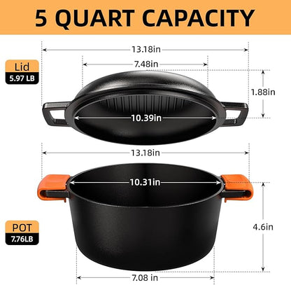 Cast Iron Dutch Oven Pot with Skillet Lid – Pre-Seasoned – Skillet Lid Cooking Pan– PFAS-Free –Umite Chef Cast Iron Skillet Cookware for Bread, Frying, Baking – Dual Handles – Oven, Grill, Campfire & Stovetop Safe – Durable & Non-Toxic, 5QT - Image 3