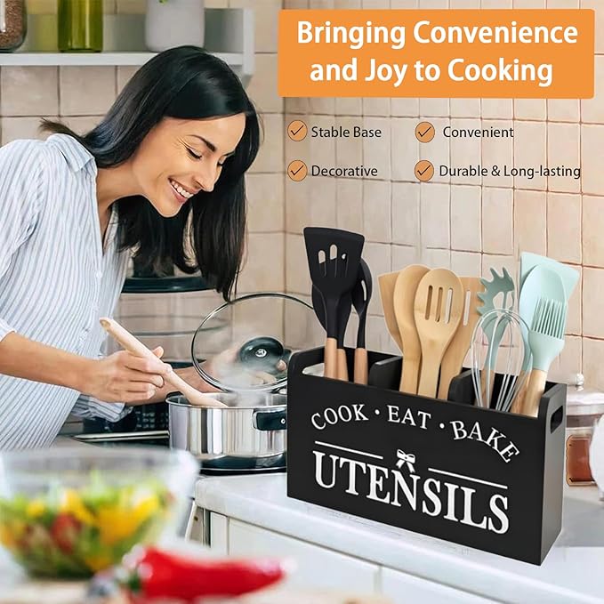 Utensil Holder,Wooden Utensil Holder for Kitchen Counter, Cooking Utensil Organizer with 3 Compartments,Utensil Crock for Silverware Spoon Spatula - Image 2