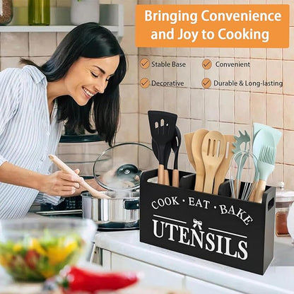 Utensil Holder,Wooden Utensil Holder for Kitchen Counter, Cooking Utensil Organizer with 3 Compartments,Utensil Crock for Silverware Spoon Spatula - Image 2