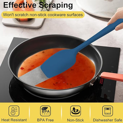 4 Pcs Silicone Spoon Spatula Set, 11.4 In, Food Grade Rubber Spatulas for Cooking, Baking, Mixing, 600°F Heat Resistant, Nonstick and Flexible Kitchen Utensils, Seamless Spoonula (Blue)