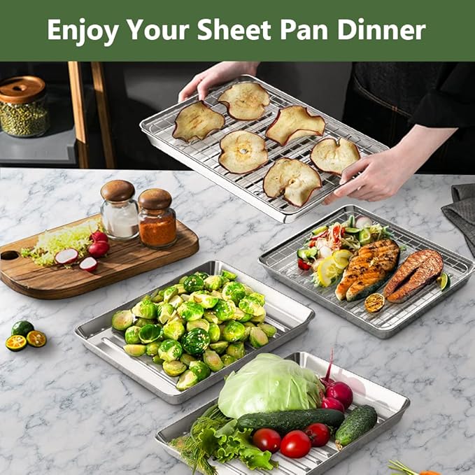 ROTTAY Small Baking Sheet Pan with Wire Rack Set [2 Pans + 2 Racks], 1/8 Stainless Steel Cookie Sheets for Oven, Warp Resistant & Heavy Duty & Rust Free, Size 9 x 7 x 1 Inches - Image 6