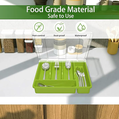 Utensil Holder for Countertop with Lid, Plastic Silverware Tray for Drawer (Green)