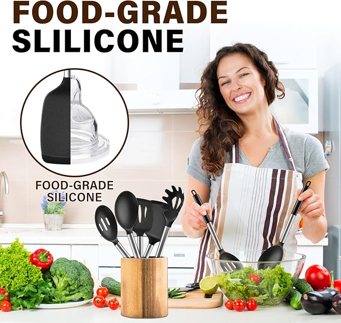 5Pcs Silicone Cooking Utensils Set, Heat Resistant Kitchen Tools Include Solid&Slotted Spatula, Cooking Spoon and Pasta Server, Silicone Kitchen Utensils set for Nonstick Cookware Flipping, Black - Image 6