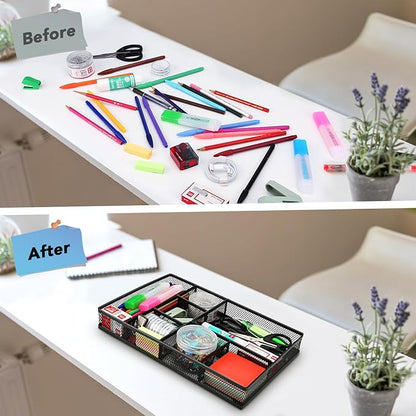 shenee Desk Drawer Organizer Tray,Drawer Organizer for Office and Home,Desk Organizer with Drawers,7 Compartments,Non-Slip Desk Organizers (Black, 12.3" L x 8.3" W x 1.8" H)