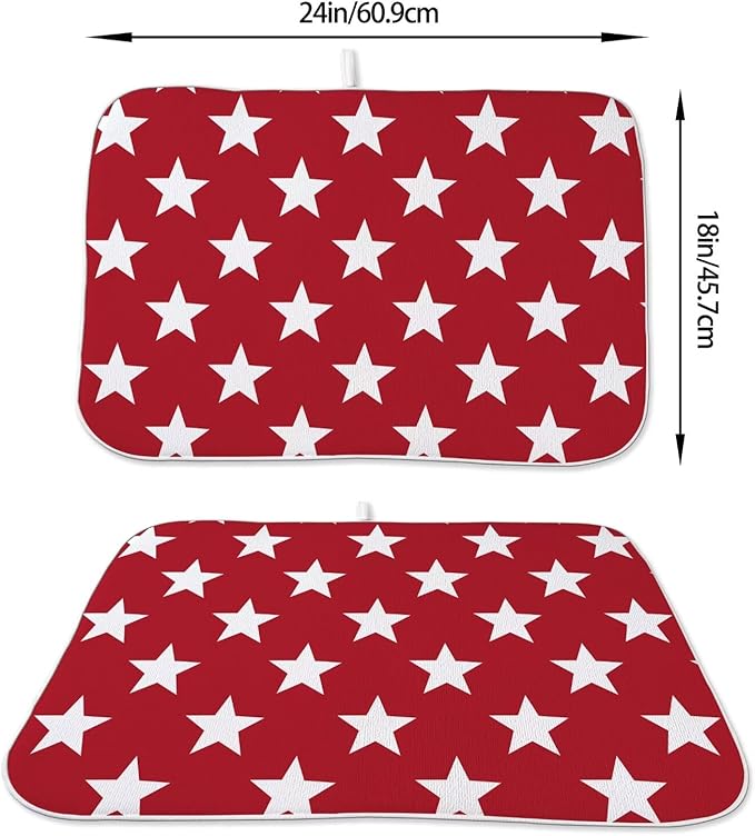 4th of July Dish Drying Mat 18 x 24 inch Independence Day Red Stars Decorative Drying Mats Microfiber Absorbent Holiday Patriotic Dish Washable Draining Mat for Kitchen Counter Decor