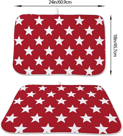 4th of July Dish Drying Mat 18 x 24 inch Independence Day Red Stars Decorative Drying Mats Microfiber Absorbent Holiday Patriotic Dish Washable Draining Mat for Kitchen Counter Decor