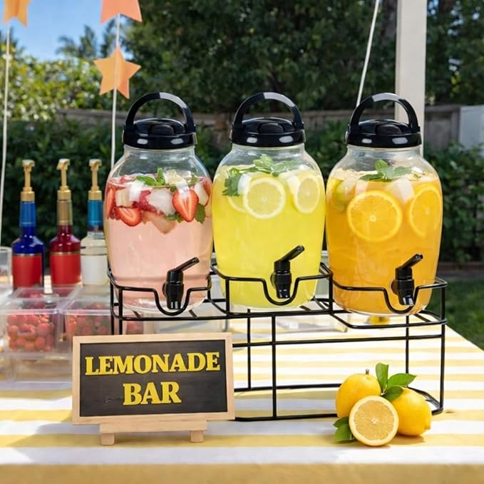 Tanlade 3 Pcs Plastic Drink Dispenser with Spigot and Metal Stand 1.2 Gallon Beverage Dispenser for Parties Juice Dispensers Lemonade Jar with Lids for Cold Drink Tea Water Container (Black)