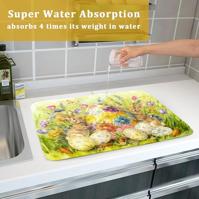 Easter Egg Dish Drying Mat 18x24 Inch Bunny Floral Green Drying Pad for Kitchen Counter Washable - Image 7