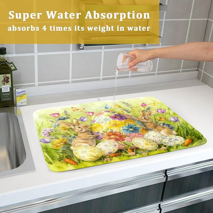 Easter Egg Dish Drying Mat 18x24 Inch Bunny Floral Green Drying Pad for Kitchen Counter Washable - Image 7