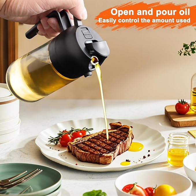 mqnxoi 2 in 1 Glass Oil Sprayer & Dispenser,16oz/470ml Olive Cooking, Air Fryer, and Salad, for Kitchen Gadgets and Air Fryer Accessories, w/Stickers (Black + White Bottle 2) - Image 5