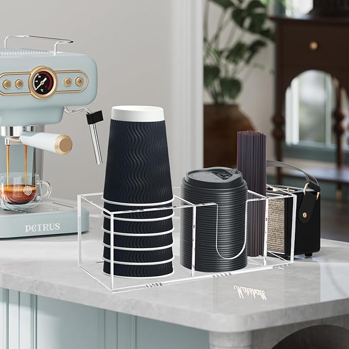 Coffee Bar Accessories and Organizer, Disposable Cup Holder for Countertop, Acrylic Storage and Organization for Cup Lid Stirrers Pod, Farmhouse Table Decor