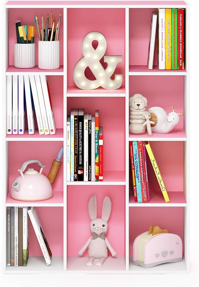 Furinno LUDER Book Shelf, 11-Cube Bookshelf, Reversible Bookcase, 9.4 x 29.1 x 41.7, Easy Assembly, for Living Room, Bedroom, Home Office, White/Pink - Image 5