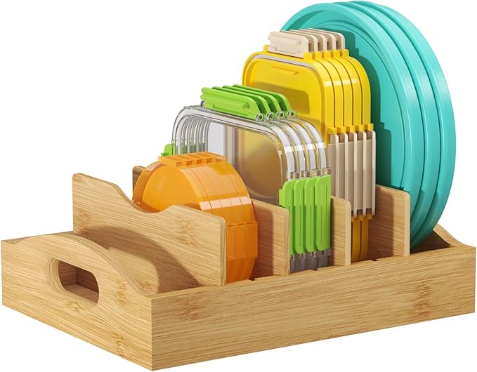 Lifewit Bamboo Lid Organizers for Inside Cabinet, Food Storage Container Lid Holder with 4 adjustable Inserts & 5 Sections, Kitchen Pantry organizer and storage, 10.6" X 8.3" by Lifewit