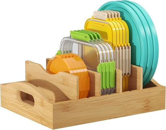 Lifewit Bamboo Lid Organizers for Inside Cabinet, Food Storage Container Lid Holder with 4 adjustable Inserts & 5 Sections, Kitchen Pantry organizer and storage, 10.6" X 8.3" by Lifewit