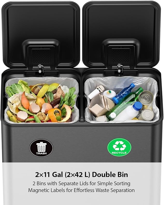 Lovewind Dual Trash and Recycling Bins for Kitchen, 2 * 11-Gallon Stainless Steel Double Trash Can, Step-On Garbage and Recycle Combo, Quiet Close, Pet-Proof, Compatible with 13-Gallon Bags, Black - Image 3