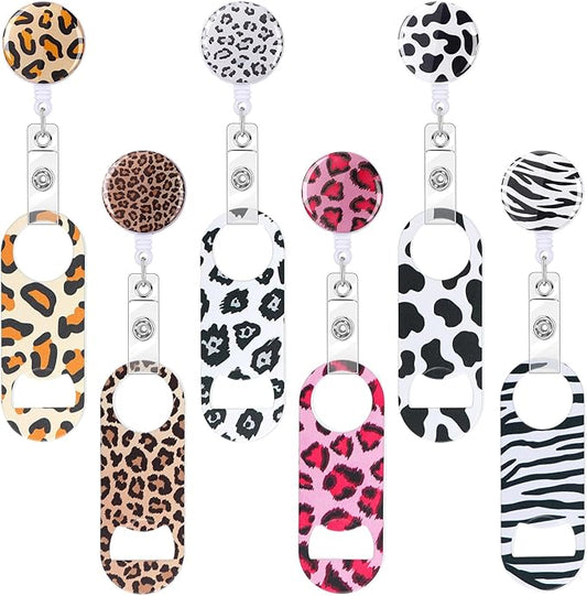 Irenare 6 Pcs Flat Bottle Openers Retractable Bar Keys for Bartenders Stainless Steel Beer Bottle Opener with Belt Clip and Round Badge Reel Bartender Gifts for Women Men(Leopard Style)