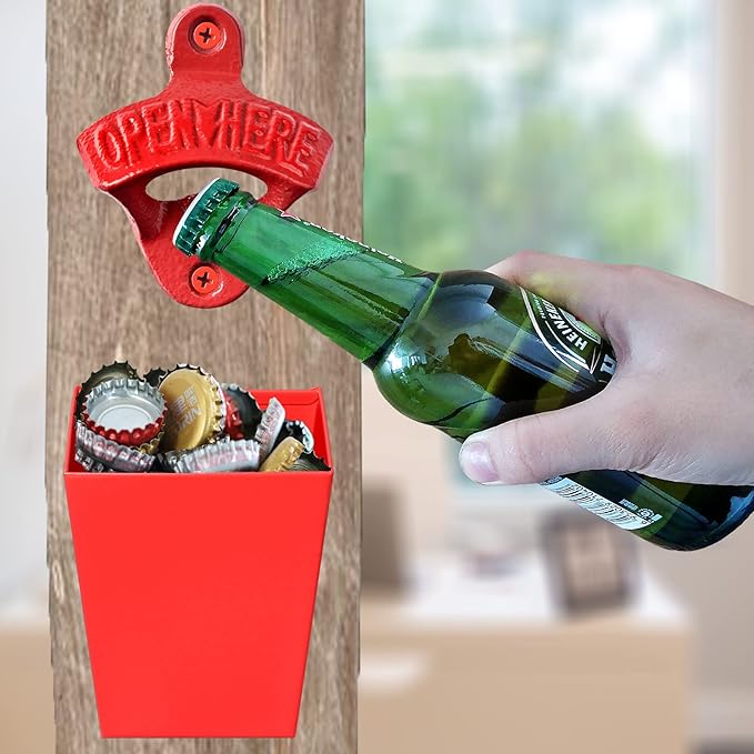 Red Cast Iron Beer Bottle Cap Opener Wall Mounted Soda Opener with Cap Catcher Bucket Narrow Bundle - Image 4