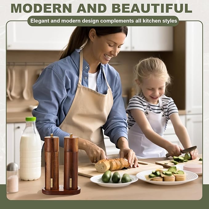 Wooden Salt and Pepper Grinder Set 8 Inch Manual Salt and Pepper Mill with Tray Adjustable Coarseness Refillable Wood Grinders with Gold Bottle Label for Kitchen Christmas Home Gift(Wood Color) - Image 8