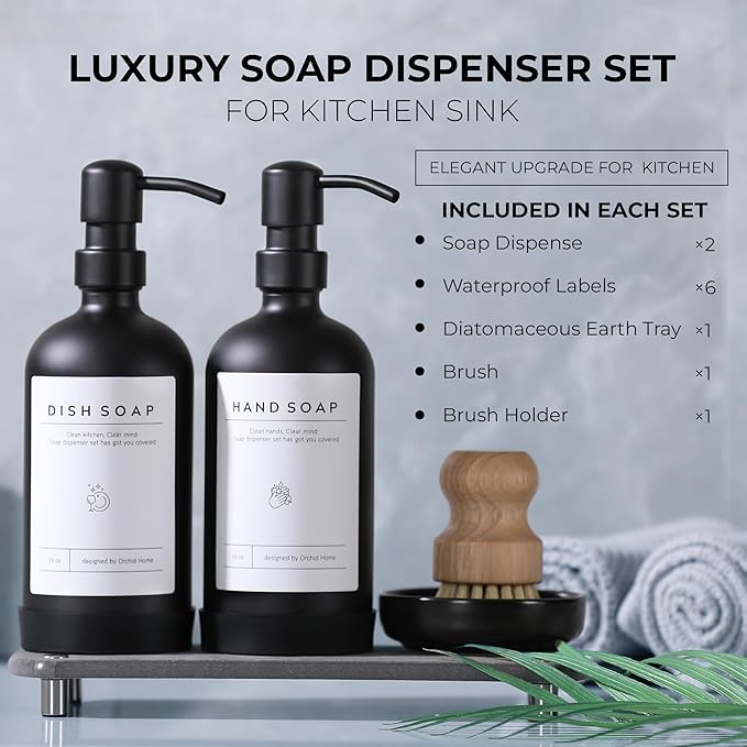 [Luxury] Kitchen Soap Dispenser Set - 16OZ Black Glass Bottle, Stainless Steel Pump, Instant Dry Tray, Waterproof Labels, Non-Slip Silicone Pad, and Dish Brush | Upgrade for Your Kitchen and Bathroom - Image 3