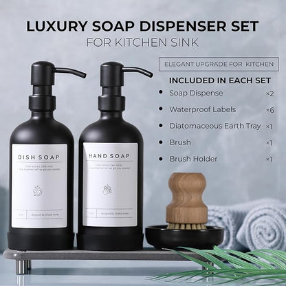[Luxury] Kitchen Soap Dispenser Set - 16OZ Black Glass Bottle, Stainless Steel Pump, Instant Dry Tray, Waterproof Labels, Non-Slip Silicone Pad, and Dish Brush | Upgrade for Your Kitchen and Bathroom - Image 3