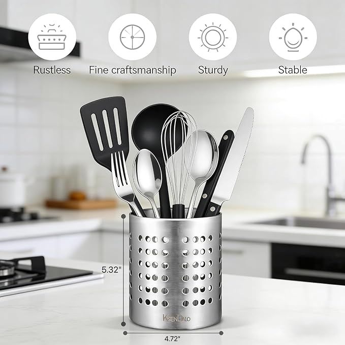 KSENDALO Small Stainless Steel Utensil Holder, SUS304 Silverware Utensil Drying Rack, Utility Sturdy Home Kitchen Daily Use Utensil Drainer for Countertop, Silver (5.32inch Tall) - Image 2