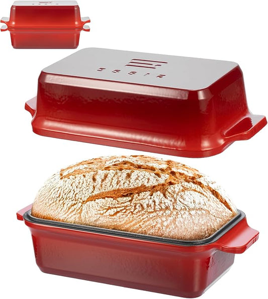 Enameled Cast Iron Dutch Oven for Sourdough Bread Baking, 9×5 Dutch Oven Pot with Lid, 2 in 1 Bread Pans with Lid for Baking, Roasting & Braising, Easy Release, Oven & Induction Safe (4.2 QT,Red)