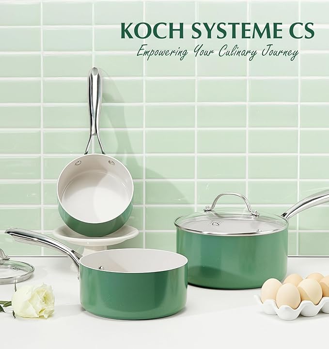 KOCH SYSTEME CS Nonstick Sauce Pan with Lid 1QT, 2QT & 3QT, Ceramic Saucepan Set 6Pcs, Non-Toxic Saucepan Set, Cooking Pots Set, Oven Safe & Induction Compatible, Green - Image 7