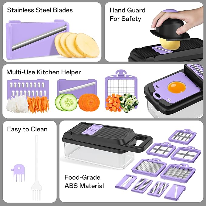 HomeHacks Vegetable Chopper Vegetable Cutter, 15 in 1 Kitchen Gadget, Dicer, Slicer, Onion Cutter, Salad, Cheese Grater & Egg Separator - Multi-Functional Veggie Chopper Lid with Handle (Purple) - Image 5