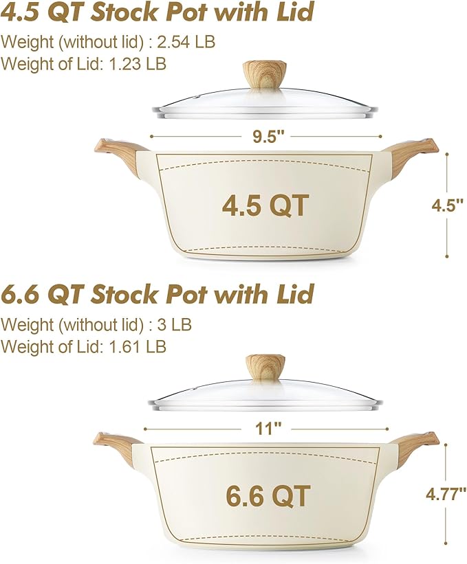 SENSARTE Ceramic Nonstick Stock Pot with Lid, 4.5+6.6 QT Soup Pot Set Casserole Pot, Non-toxic Healthy Pasta Pot, Large Cooking Pot Stew Pot, Induction Compatible, PFOA PFAS PTFE Free, White - Image 2