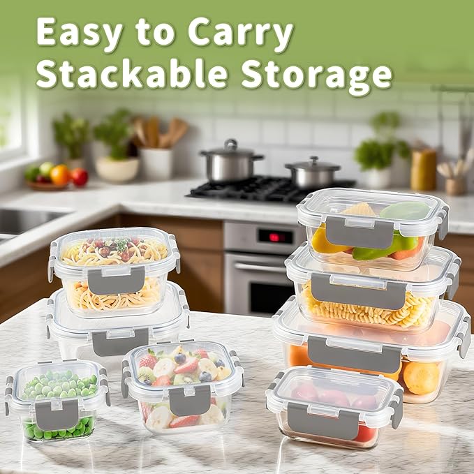 HOMBERKING 8 Pack Glass Food Storage Containers with Lids, Meal Prep Containers, Airtight Bento Boxes with Leak Proof Locking for Microwave, Oven, Freezer and Dishwasher, BPA Free, 5-35oz - Image 3