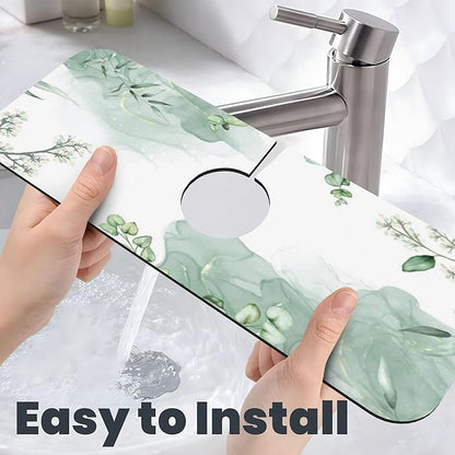 Watercolor Green Leaf Floral Dish Drying Mat for Kitchen Counter, 16"x18" Microfiber Absorbent Fast Dry Mat, 2Pcs Dish Mat Faucet Mats Sets, Large Drying Kitchen Mat Kitchen Drying Pad