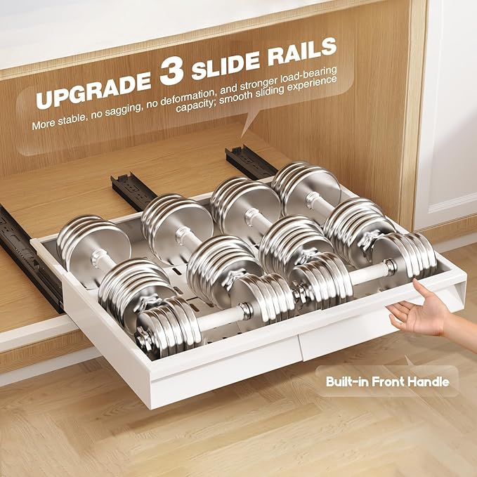 Seinloes 2 Pack Pull Out Cabinet Organizer With Raising Pad for Framed Cabinets,Expandable Width (13"-21") and Depth (13"-17"),3 Slide Rails Slide Out Drawers with Handle,No-Drill Roll Out Shelf,White - Image 6