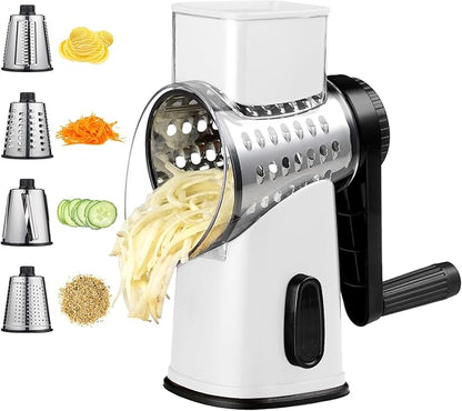 Rotary Cheese Graters with 4 Blades, Hand Crank Cheese Grater with Waffle Slicer, Red, Black and White Cheese Shredder with Suction Base, Easier for Shredding & Grating (White)