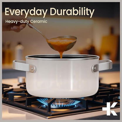 Bakken 3 Quart Ceramic Coated Stock Pot with Lid, Easy to Clean Nonstick Pot, Tempered Glass Lid, Riveted Stainless Steel Handles, Oven Safe Up To 500°F, PTFE & PFAS Free, All Stove Compatible, Cream - Image 7