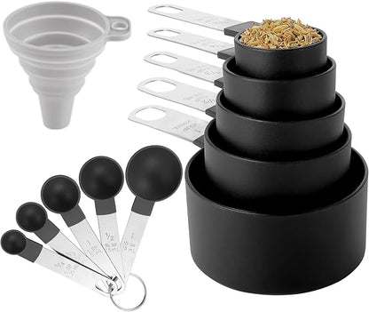 Measuring Cups and Spoons Set of Huygens Kitchen Gadgets 10 Pieces, Stackable Stainless Steel Handle Measuring Cups for Measuring Dry and Liquid Ingredient (Black) by Huygens
