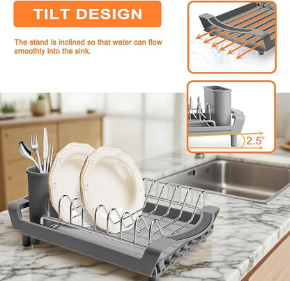 Dish Drying Rack Compact Expandable - A Space-Saving, Stainless Steel, Rust-Resistant Dish Drainer for Kitchen and Apartment Countertops/Sink Cabinets, Extendable from 11.42 to 19.9 inches (Gray) - Image 2