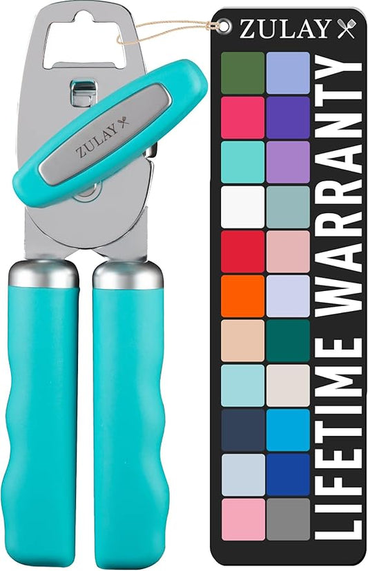Zulay Kitchen Heavy Duty Stainless Steel Can Opener Manual with Bottle Opener - Rust Proof Manual Can Opener With Turn Knob & Comfy Soft Grip Handles - Turquoise by ZulayKitchen