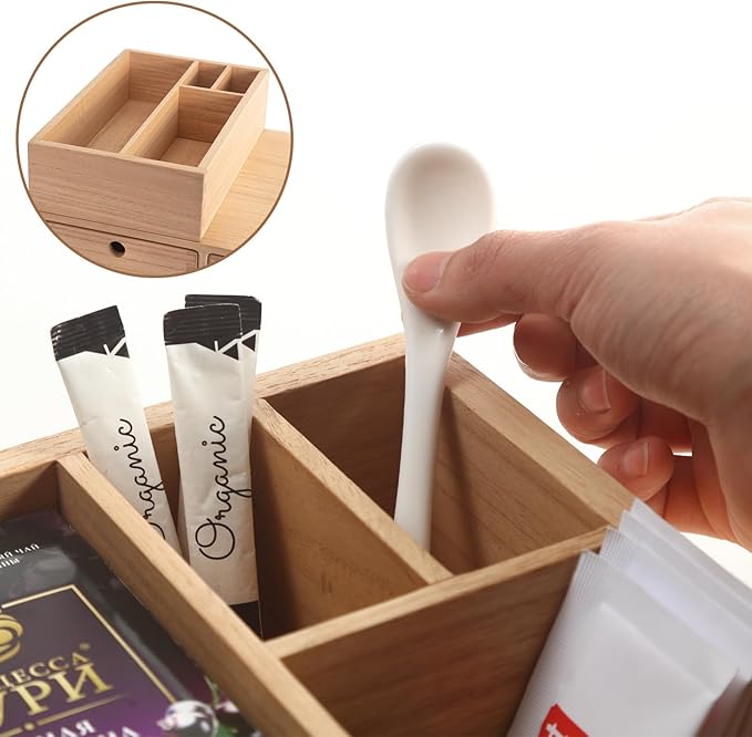 KIRIGEN Wooden Coffee Station Organizer 2-Piece Set - Coffee Bar Storage with Drawers for Sugar, Tea - Coffee Pod Holder and Accessories Organizer for Kitchen Counter Nature KFJTZ-NA - Image 7