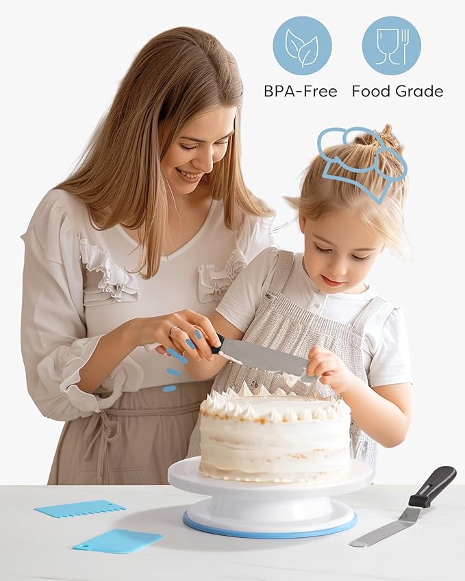 Kootek Cake Decorating Kit Baking Supplies Set Cake Turntable with 2 Frosting Straight Angled Spatula 3 Icing Smoother Scrapers Baking Accessories Tools for Beginners and Pros, Mother's Day, Blue - Image 6