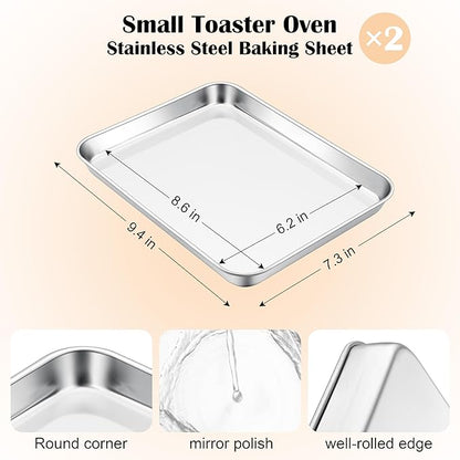 E-far 2 Packs Toaster Oven Trays, 9.4”x7.3” Stainless Steel Small Baking Cookie Sheets, Mini Non-toxic Metal Baking Pans for Cake, Healthy & Rust Free, Mirror Finish & Dishwasher Safe - Image 2
