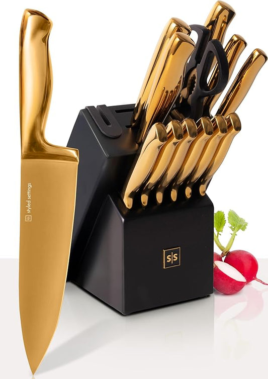 Styled Settings Gold Knife Set with Block & Built-In Sharpener – 14-Piece Full Tang Kitchen Knives Set – Gold Knives Set with Self-Sharpening Block, Titanium Knife Set with Black Block