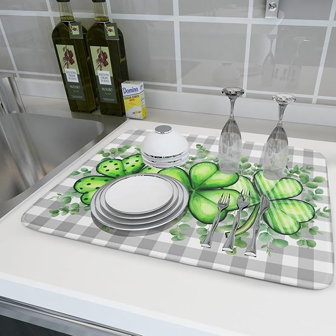St Patricks Day Dish Drying Mat for Kitchen Counter Shamrocks Eucalyptus Leaf Holiday Microfiber Absorbent Dish Draining Reusable Washable Foldable Extra Large 18"x24" - Image 6