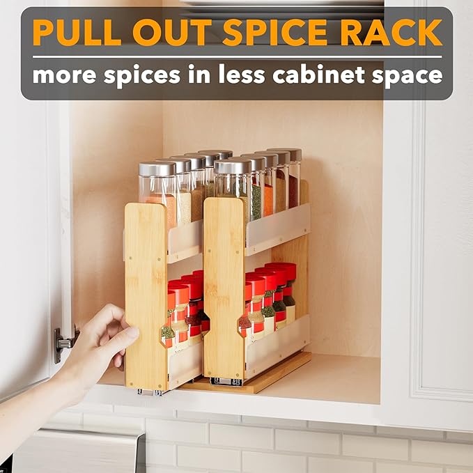 SpaceAid Bamboo Pull Out Spice Rack Organizer for Cabinet, Heavy Duty Slide Out Seasoning Kitchen Pantry Sliding Vertical Organization, 5.1" Wide, 2 Drawers(2" Wide), 2-Tier, Natural - Image 5