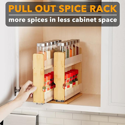 SpaceAid Bamboo Pull Out Spice Rack Organizer for Cabinet, Heavy Duty Slide Out Seasoning Kitchen Pantry Sliding Vertical Organization, 5.1" Wide, 2 Drawers(2" Wide), 2-Tier, Natural - Image 5