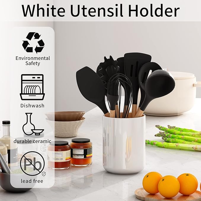 LATCHHOOK White utensil holder for Countertop, Glossy White Ceramic Utensil Holder for Kitchen Counter Easy to Clean, Modern Small Cooking Utensil Holder Spatula Crock for Décor, 4.5×6.4 IN - Image 3